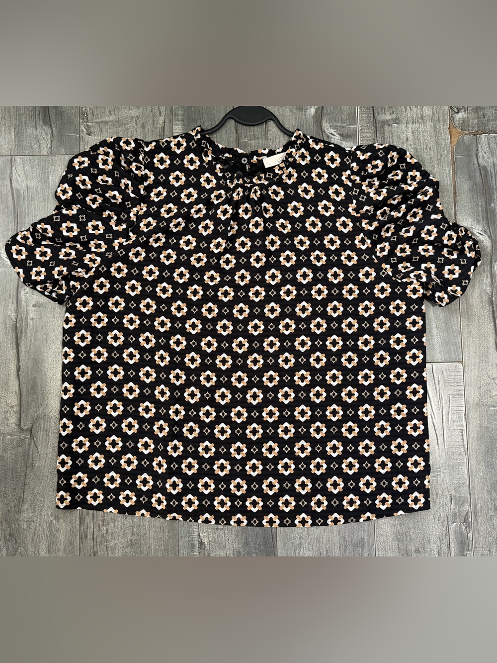 LOFT Women’s XL Black Tan Geometric Print Ruched Sleeve Blouse Top